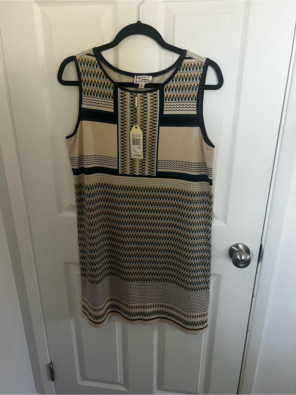 Sleeveless Beige & Green Patterned Shift Dress - Classic Womens Mini
